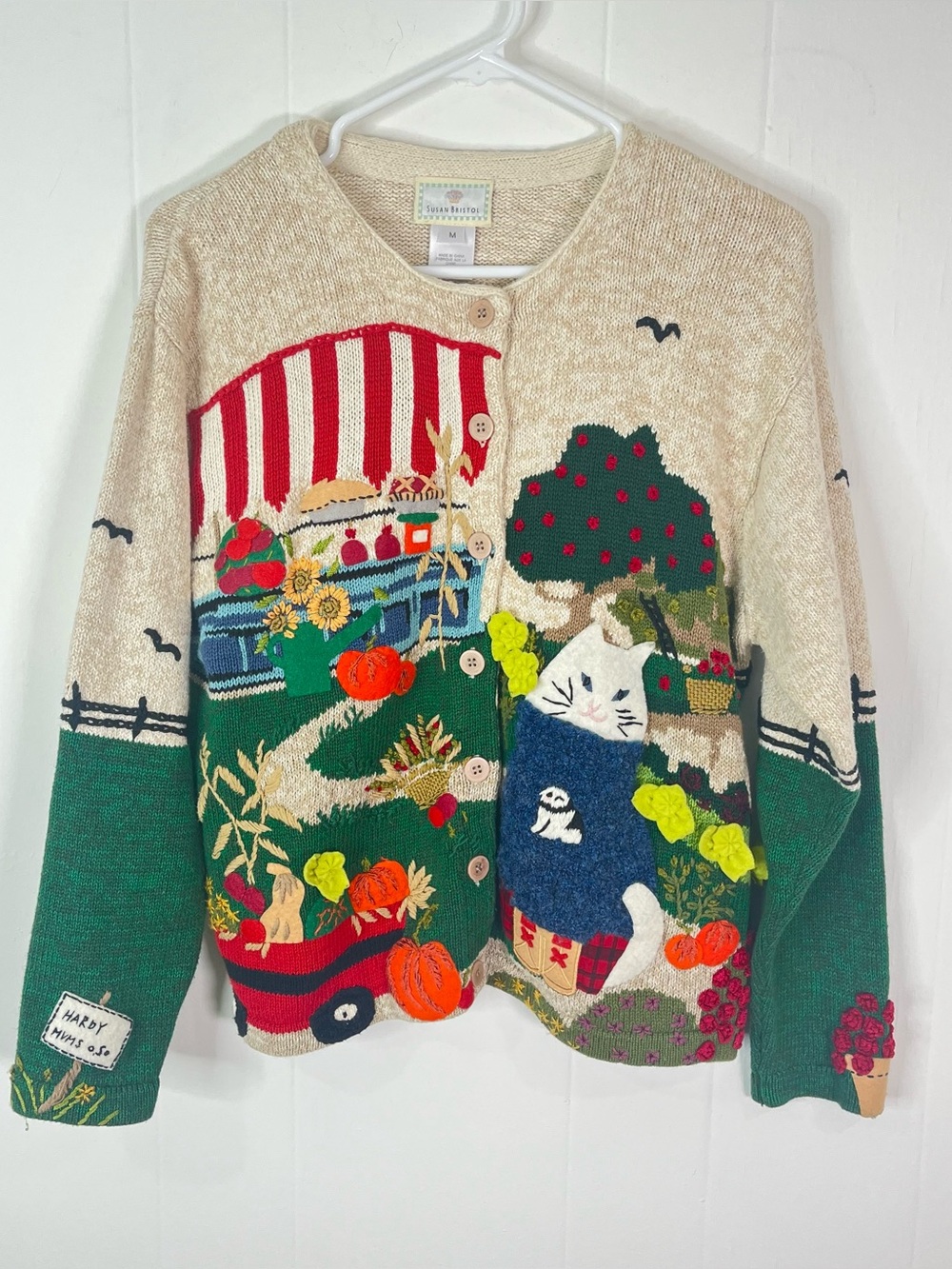 Vintage 1999 Susan Bristol Farm Garden 3D Embroidered Cardigan Sweater M